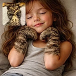 A tiny tabby kitten is curled up in the coziest nap pose, paws tucked in like it's hiding from the world, with a fluffy orange paw resting gently on its head as a soft blanket backdrop.