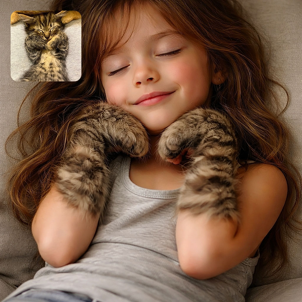 A tiny tabby kitten is curled up in the coziest nap pose, paws tucked in like it's hiding from the world, with a fluffy orange paw resting gently on its head as a soft blanket backdrop.