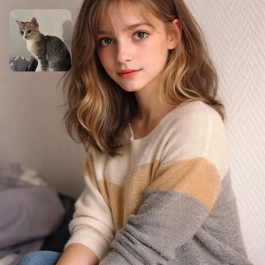 A wide-eyed kitten perched like a tiny lion on a table, staring off with dramatic curiosity — its fluffy calico coat and striped legs create a perfect portrait against a textured wall, while a handbag and power outlet provide an oddly domestic backdrop.