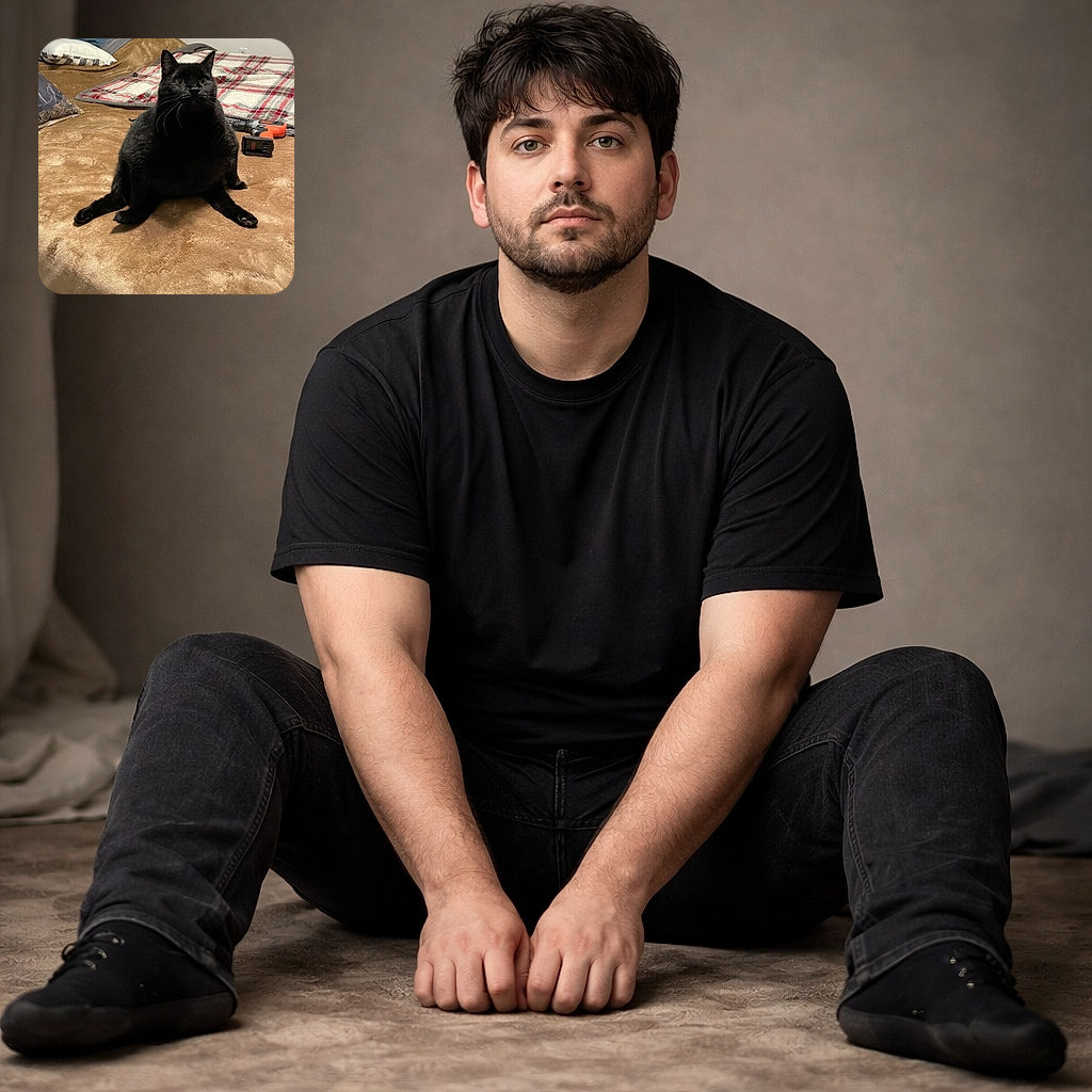 A delightfully chonky black cat sits sprawled on the bed like it owns the place, legs splayed, whiskers on full display and a curious stare — a power drill lurks in the background as if the cat commissioned some DIY furniture.
