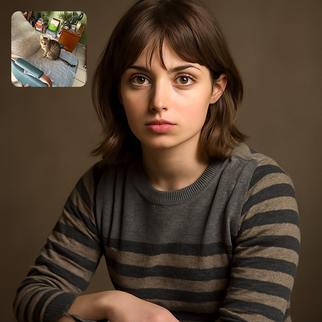 A curious tabby cat with bright green eyes is sitting on a well-used chair covered with a towel, surrounded by a cozy room filled with plants, books, and decorative items. The chair is covered in cat hair, hinting at this being the cat's favorite spot.