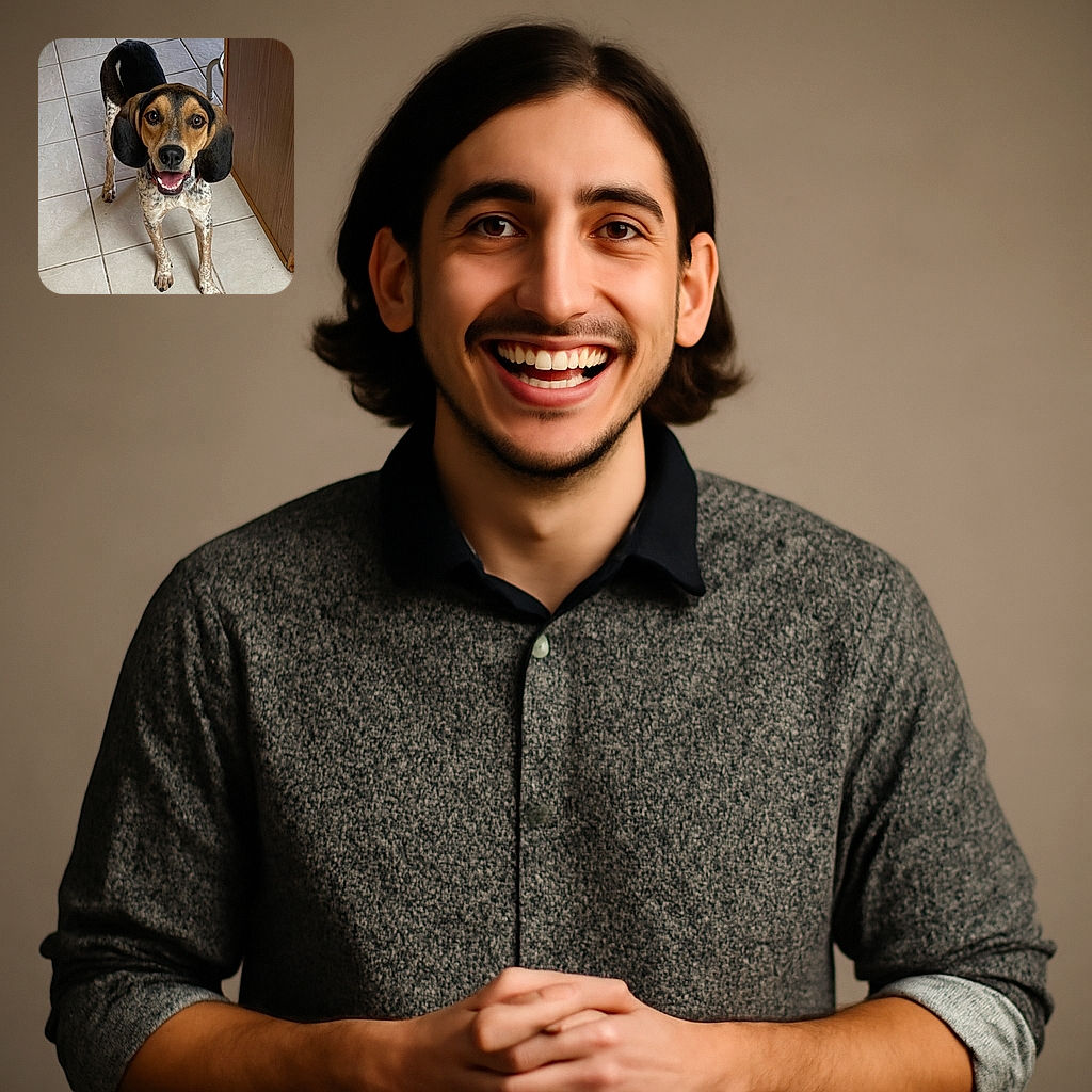 A happy, attentive dog with big floppy ears and a spotted coat stands on a tiled floor looking up with bright, eager eyes and a wide smile, as if ready for a game or a treat.