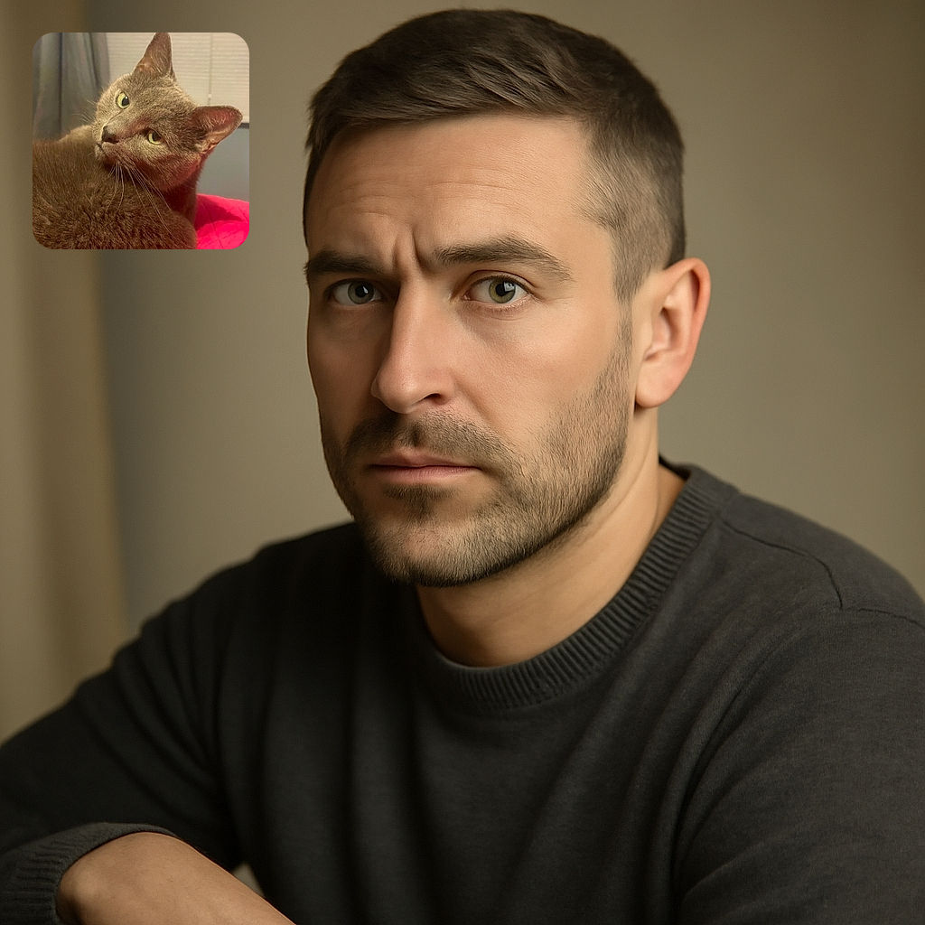 A fluffy grey cat with captivating green eyes turns its head in a curious and slightly suspicious manner, nestled comfortably on a vibrant red blanket with a softly blurred background of curtains and blinds.