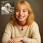 A fluffy golden retriever puppy lies happily on a paved path, tongue out and eyes gleaming with joy, wearing a bright red collar attached to a colorful leash. The background is softly blurred greenery, making the puppy the star of this adorable outdoor snapshot.