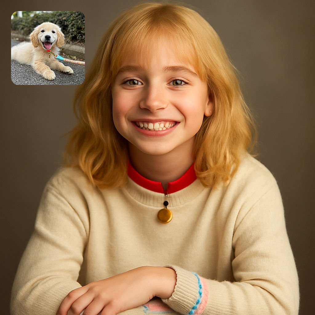 A fluffy golden retriever puppy lies happily on a paved path, tongue out and eyes gleaming with joy, wearing a bright red collar attached to a colorful leash. The background is softly blurred greenery, making the puppy the star of this adorable outdoor snapshot.
