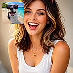 A gleeful dog fills the frame wearing rainbow sunglasses, nose and open mouth front-and-center as it beams on a sun-drenched tropical beach — turquoise water, palm trees and a blue sky make a perfect vacation backdrop while the pup poses like it owns the coastline.