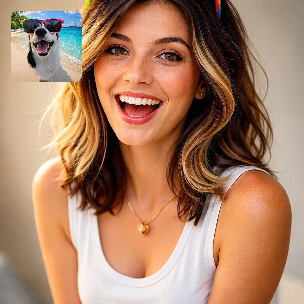 A gleeful dog fills the frame wearing rainbow sunglasses, nose and open mouth front-and-center as it beams on a sun-drenched tropical beach — turquoise water, palm trees and a blue sky make a perfect vacation backdrop while the pup poses like it owns the coastline.