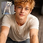 A curious ginger cat on its hind legs plants its front paws on the photographer's knee, nose and blue eyes filling the frame with comically intense affection — whiskers splayed and fur slightly tousled. In the background a black cat's rump and tail stroll across weathered wooden deck planks, giving the scene a sitcom-like cameo appearance.