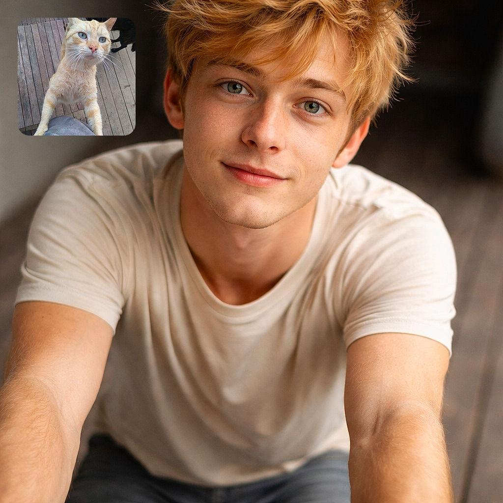 A curious ginger cat on its hind legs plants its front paws on the photographer's knee, nose and blue eyes filling the frame with comically intense affection — whiskers splayed and fur slightly tousled. In the background a black cat's rump and tail stroll across weathered wooden deck planks, giving the scene a sitcom-like cameo appearance.