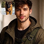 A majestic German Shepherd stares straight at the camera with one ear slightly cocked and its tongue peeking out like it just remembered a squirrel. The dog fills the frame against a snowy ground and pine-tree backdrop, wearing a harness that says 'go on then' — sunlight brings out golden fur highlights and soulful amber eyes.