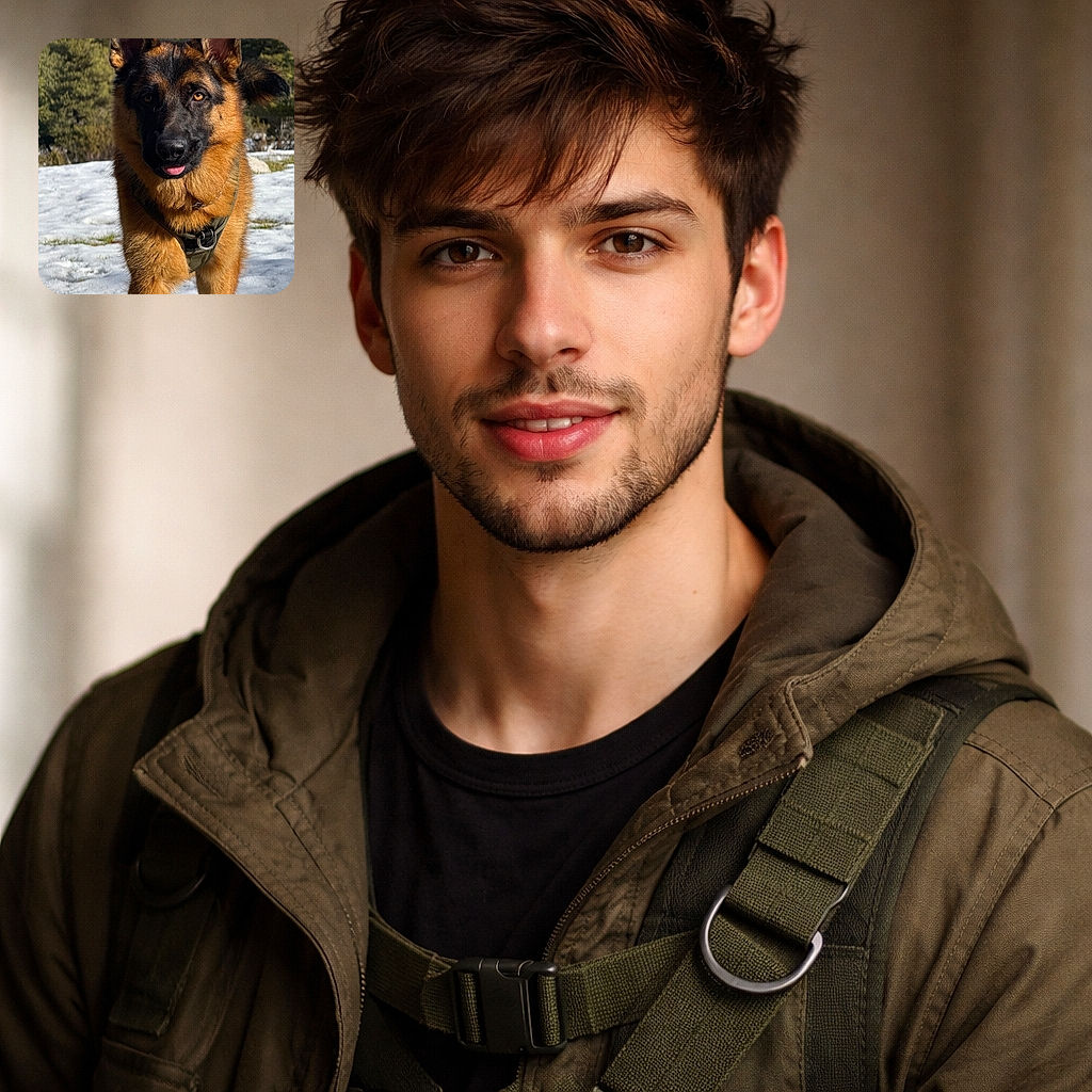 A majestic German Shepherd stares straight at the camera with one ear slightly cocked and its tongue peeking out like it just remembered a squirrel. The dog fills the frame against a snowy ground and pine-tree backdrop, wearing a harness that says 'go on then' — sunlight brings out golden fur highlights and soulful amber eyes.