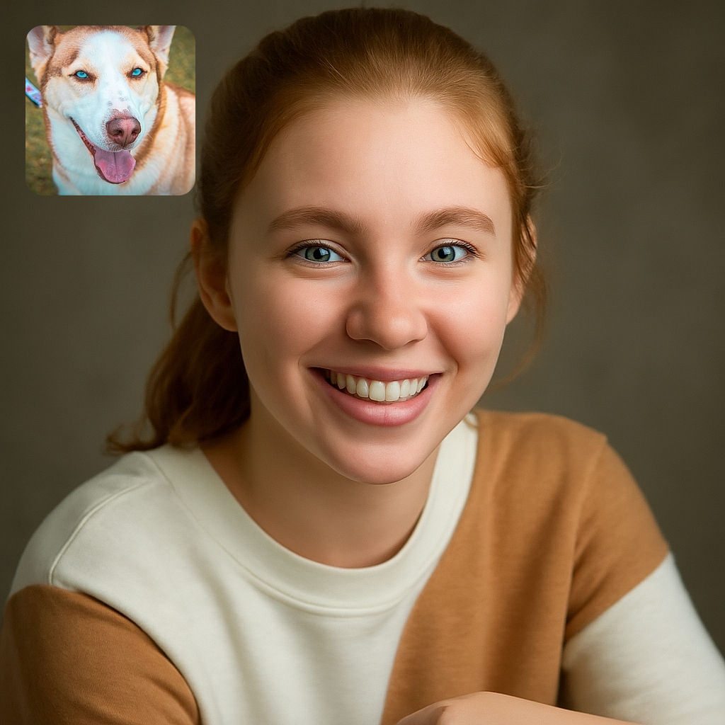 A close-up shot of a happy dog with striking blue eyes and a pink tongue hanging out, looking like it's smiling for the camera on a grassy background. The dog's fur is a warm mix of white and light brown, and a colorful leash is visible on the side.