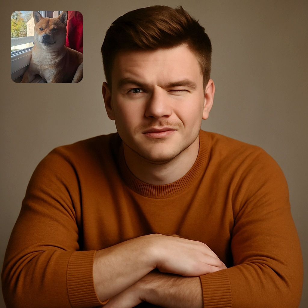 A charming dog lounges comfortably by a window, basking in the soft daylight with one eye winking like it's sharing a secret joke. The cozy blanket and red curtain add warmth and homeliness to the scene.