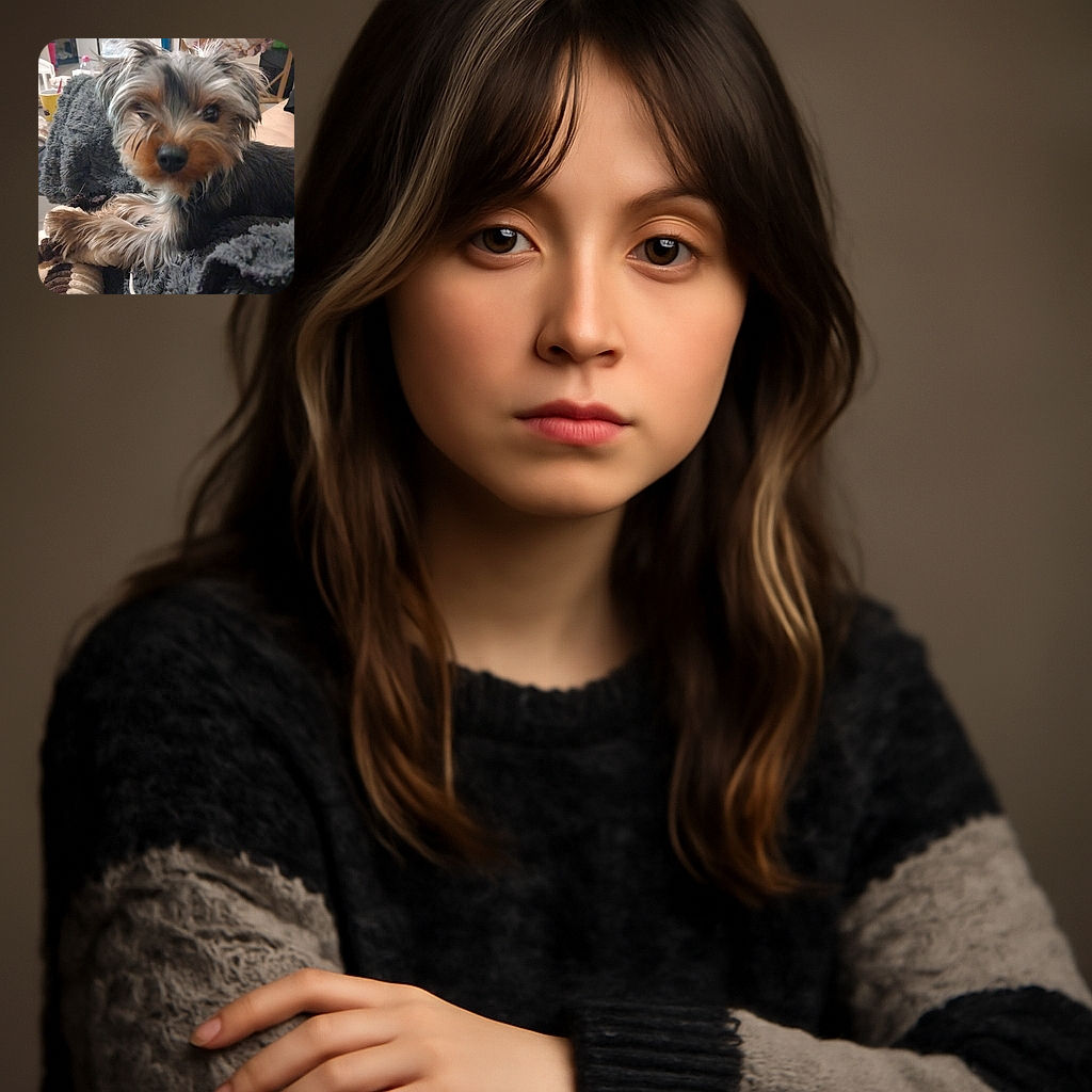 A cozy little dog lying on a fluffy blanket, looking curiously at the camera with a slightly blurred face, surrounded by household items and soft textures that create a warm indoor vibe.