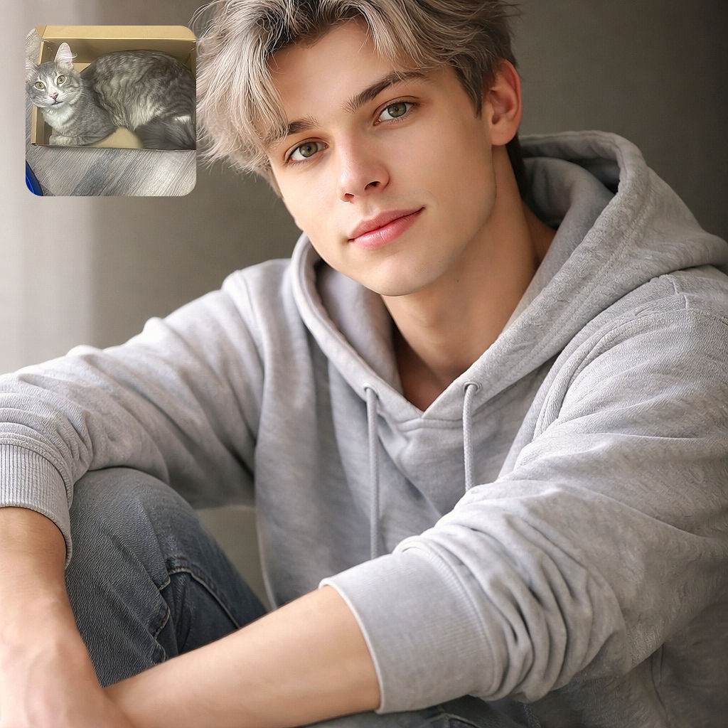 A fluffy gray tabby has proclaimed this cardboard box its royal throne, staring up with wide yellow eyes and a comically surprised expression while curled on a wood floor — the torn lid adds a dramatic entrance for nap time.