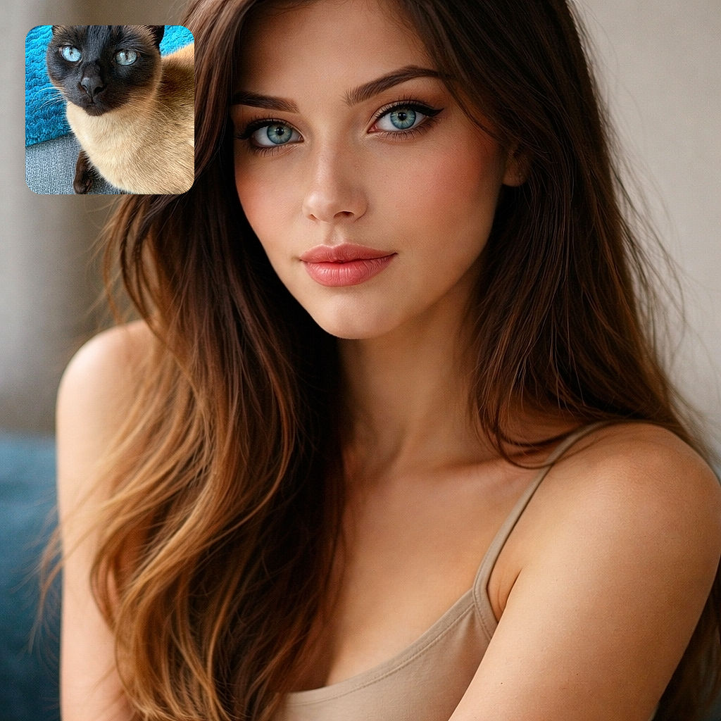 A sultry Siamese cat close-up with mesmerizing blue eyes staring like it knows your snack schedule. Velvet dark face contrasts with creamy fur and a bright turquoise blanket — basically feline glamour shots, interrupted by a single suspicious paw.