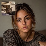 A serious-looking tabby cat pops up from the blanket like a tiny bedroom security guard, intensely inspecting the camera while the cluttered shelf and glowing lamp provide a cozy indoor backdrop.