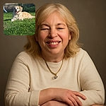 A fluffy, happy dog is lounging on a sunny patch of green grass in a backyard, with its tongue out and a relaxed expression, surrounded by some bushes and a house wall in the background.