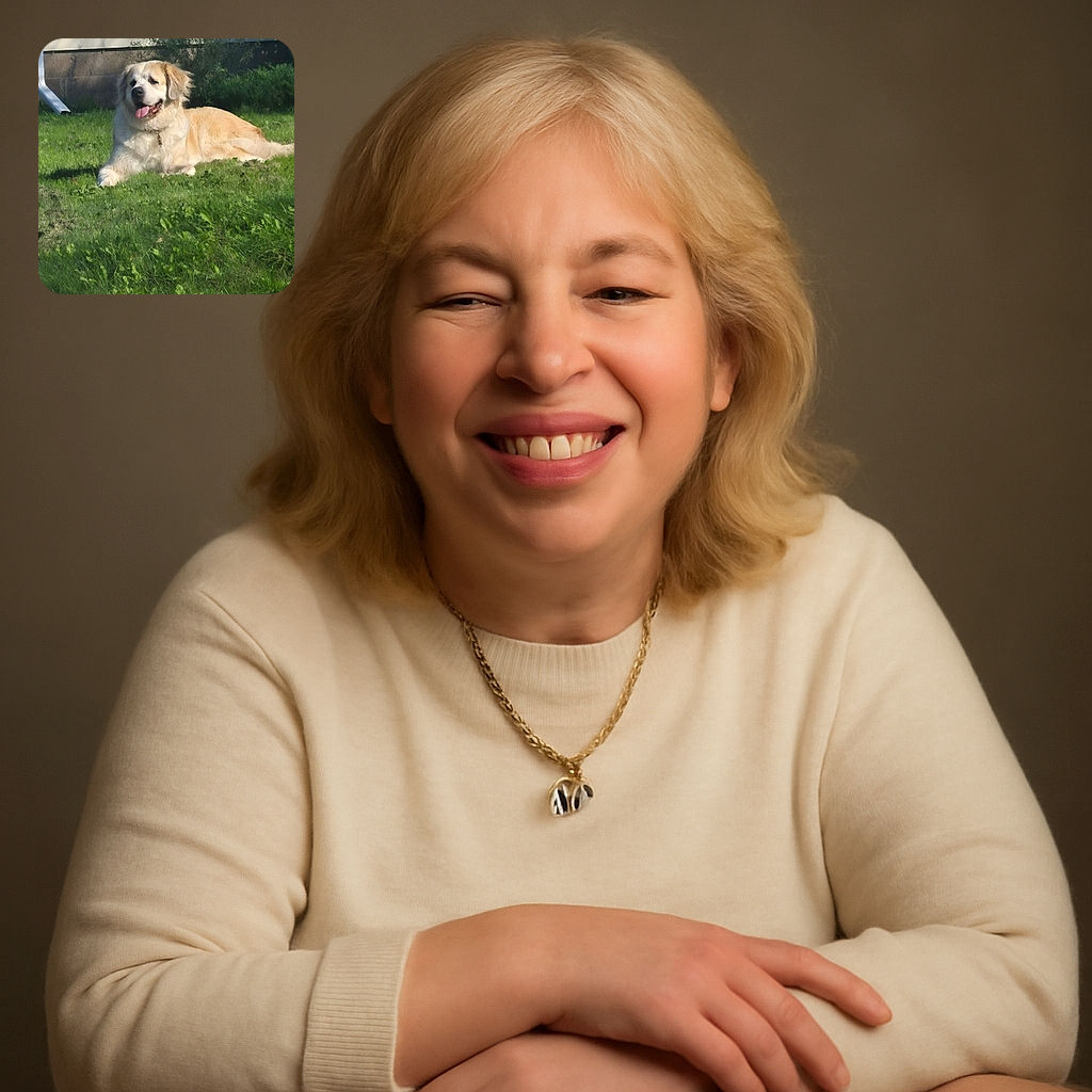 A fluffy, happy dog is lounging on a sunny patch of green grass in a backyard, with its tongue out and a relaxed expression, surrounded by some bushes and a house wall in the background.
