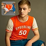 A small dog dressed in a sporty orange and white shirt paired with denim pants poses on a plain gray background, looking off to the side with a curious expression.