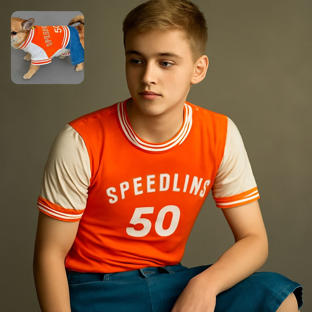 A small dog dressed in a sporty orange and white shirt paired with denim pants poses on a plain gray background, looking off to the side with a curious expression.