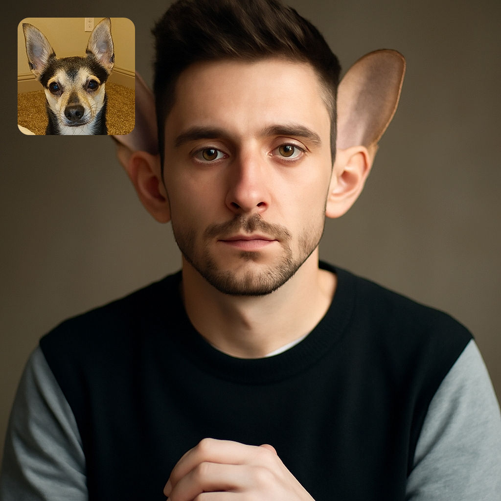 A close-up portrait of an alert small dog with large ears standing straight up, gazing curiously at the camera. The background shows a beige wall with an electrical outlet and carpeted floor, giving a cozy indoor vibe.