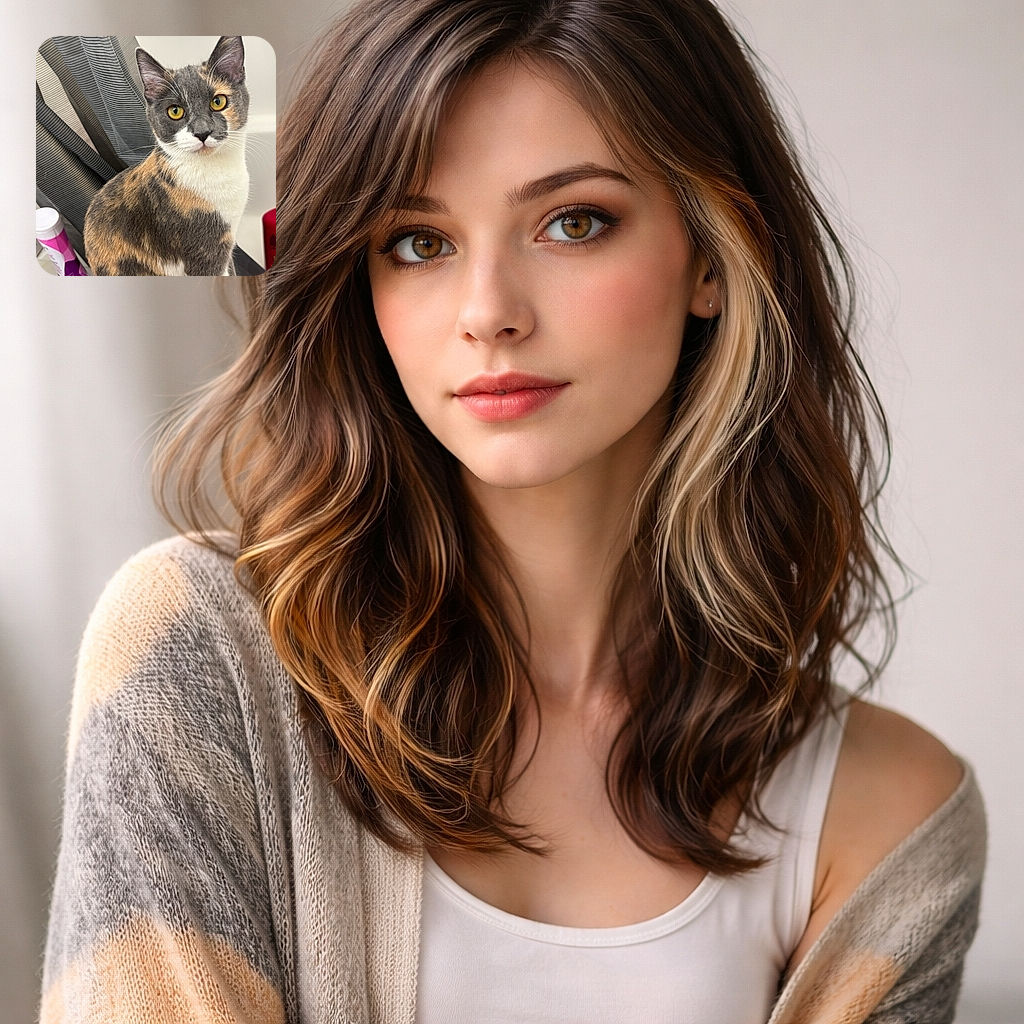 A cheeky calico cat stares with hypnotic golden eyes like it’s secretly running the household; whiskers alert, ears perky, perched on a counter with a striped curtain and a bottle as its audience.