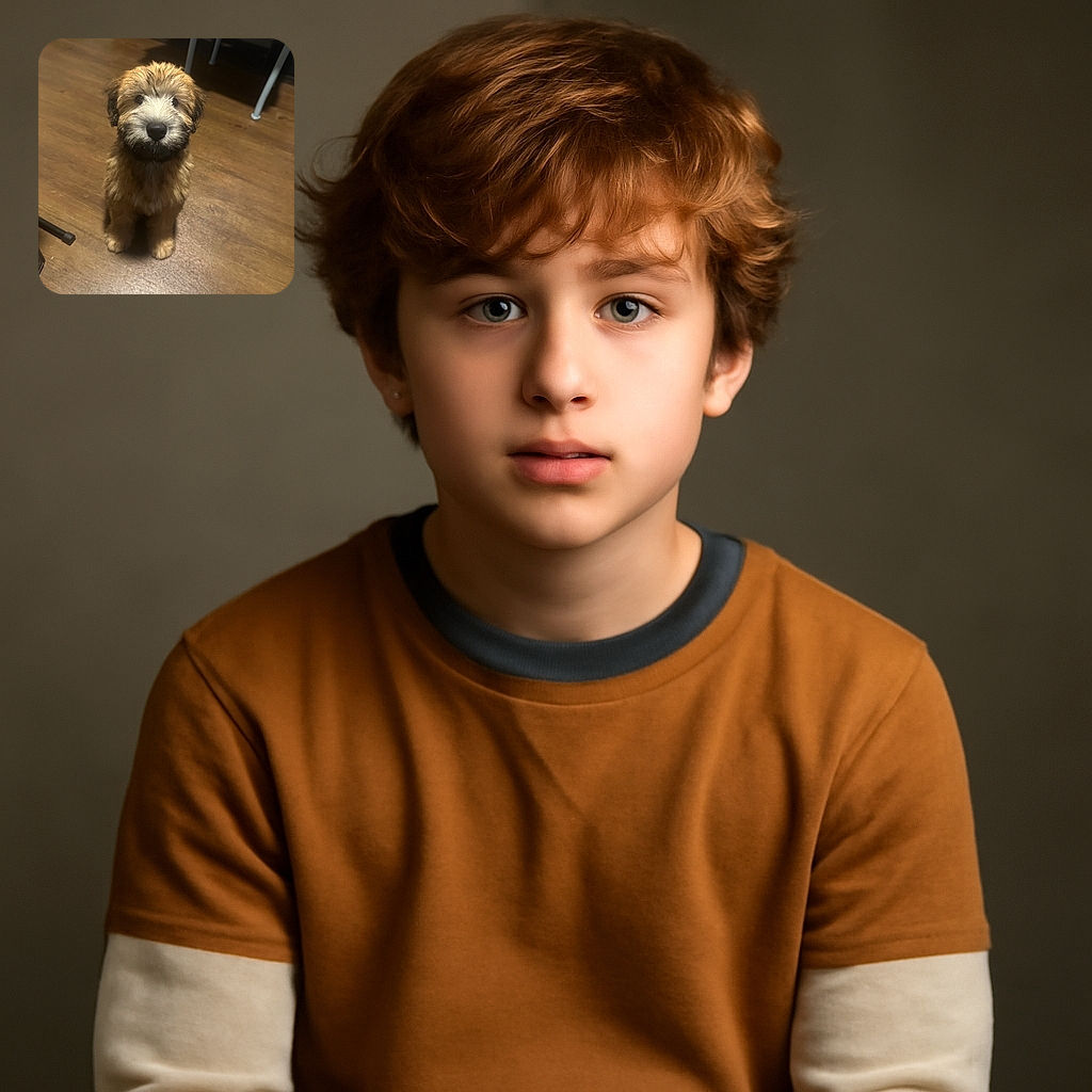 A fluffy, adorable puppy sitting patiently on a wooden floor, looking up with big, curious eyes, surrounded by a cozy indoor setting with furniture in the background.