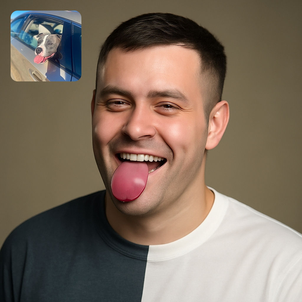 A happy dog with a gray and white coat sticks its head out of a car window, tongue playfully hanging out, enjoying the sunny day and fresh air.