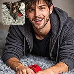 A scruffy, happy dog with perked ears is lying on a fluffy gray rug, gripping a bright red toy in its paws, looking up with an eager, playful expression.