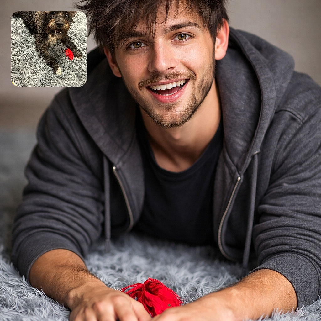 A scruffy, happy dog with perked ears is lying on a fluffy gray rug, gripping a bright red toy in its paws, looking up with an eager, playful expression.