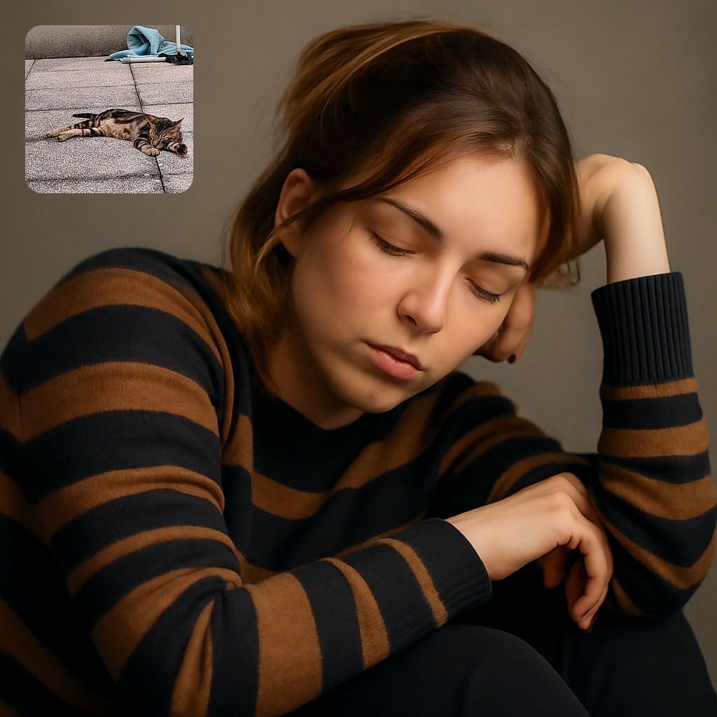 A tabby cat is sprawled out on a textured outdoor tiled floor, basking in the sun with eyes gently closed, looking like it's practicing the art of ultimate relaxation. Nearby, a blue folded cloth and some pipes add a casual backyard vibe.