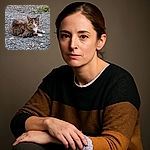 A calm tabby cat with white paws and chest lounges comfortably on a bed of small grey gravel, surrounded by sparse patches of grass and a mossy rock backdrop, giving off an air of relaxed outdoor royalty.