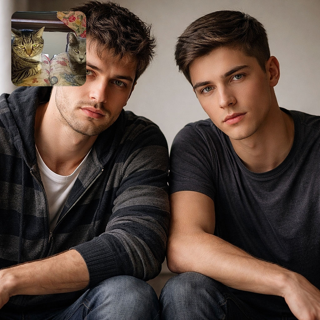 Two unimpressed cats loafing on matching floral cushions beneath a window — the left tabby delivers a withering side-eye while the grey cat stares like a tiny, dignified professor. Sunlight brings out their whiskers and coat textures; curtains and cushions provide a cozy, slightly vintage living-room backdrop. They look ready to grade your life choices on a curve.