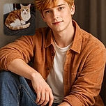 A cozy ginger and white cat curled up comfortably on a dark textured cushion, giving a calm and slightly curious look, with a rustic wooden door and a white wall in the background.