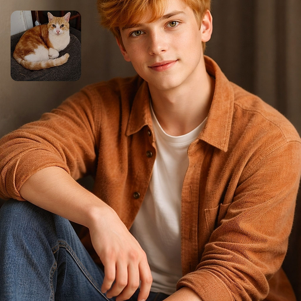 A cozy ginger and white cat curled up comfortably on a dark textured cushion, giving a calm and slightly curious look, with a rustic wooden door and a white wall in the background.