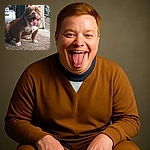 A happy, panting dog with a wide smile sits on a textured floor near an industrial machine, looking like it's just finished a big play session or a workout.
