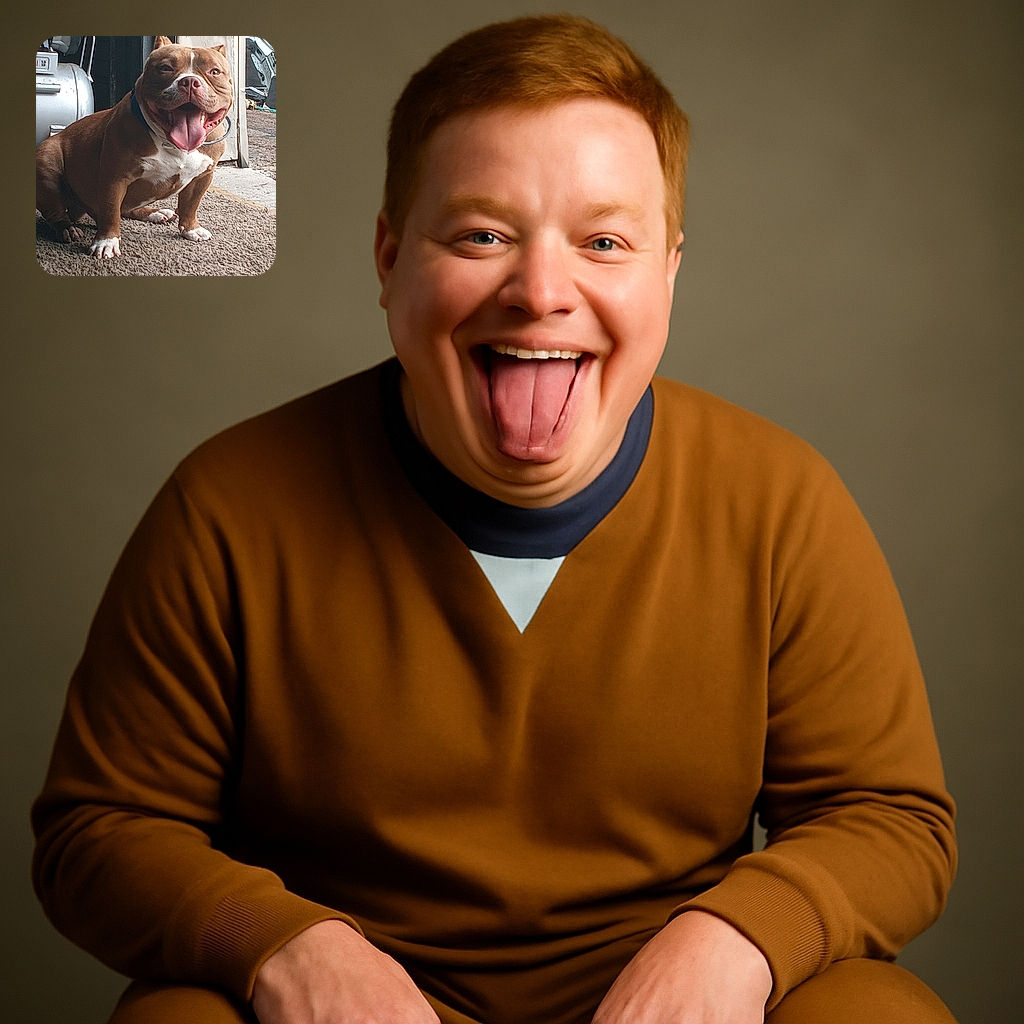 A happy, panting dog with a wide smile sits on a textured floor near an industrial machine, looking like it's just finished a big play session or a workout.
