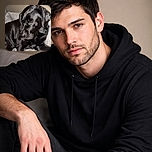 A shiny black Labrador lounges on a cozy gray couch, looking off to the side with a calm, soulful expression while a human finger gently taps its front leg, creating a quiet moment of connection.