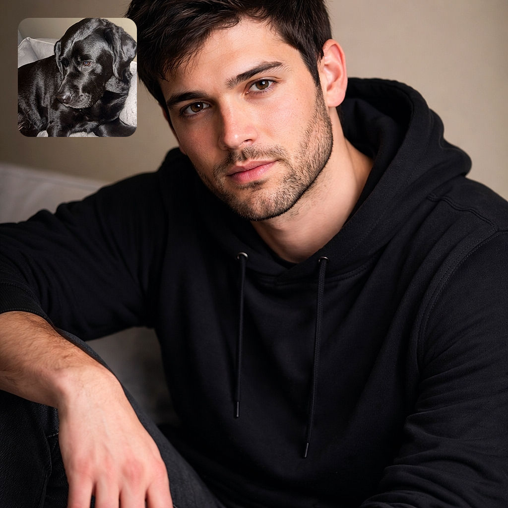 A shiny black Labrador lounges on a cozy gray couch, looking off to the side with a calm, soulful expression while a human finger gently taps its front leg, creating a quiet moment of connection.