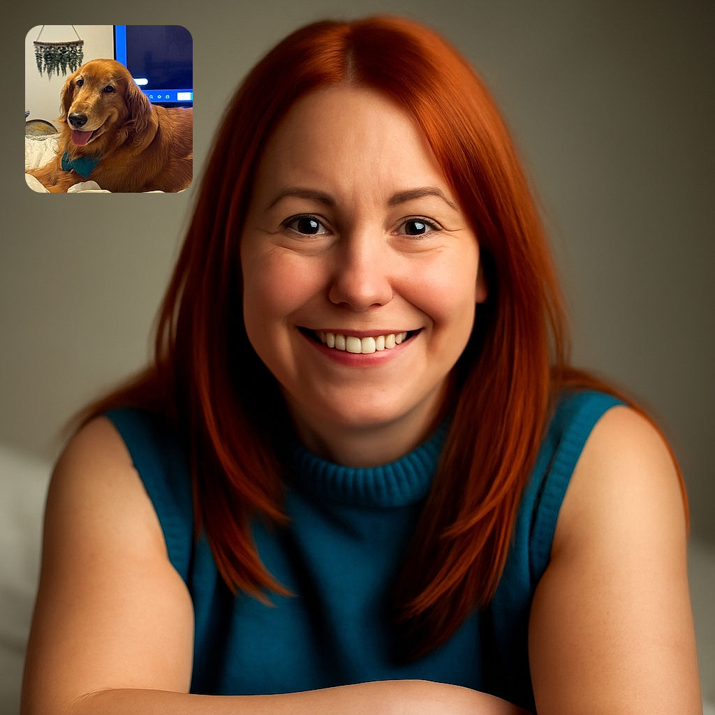 A happy golden retriever with a blue bow tie lounges comfortably on a white bedspread, tongue out in a friendly smile, with a cozy room background featuring a hanging plant and a TV screen.