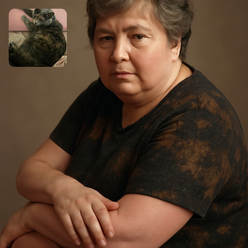 A fluffy, multi-colored cat lounging comfortably on a soft pink pillow and patterned blanket, looking off to the side with a curious expression.
