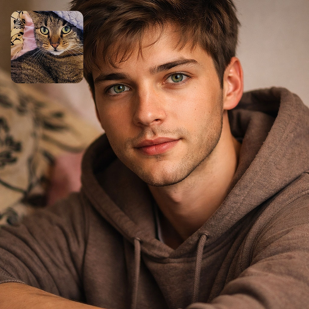 A regal tabby wrapped in a fluffy blanket-turban stares straight into the camera with hypnotic green eyes and immaculate whiskers, lounging on patterned bedding like it owns the place — cozy, slightly judgmental, and utterly photogenic.