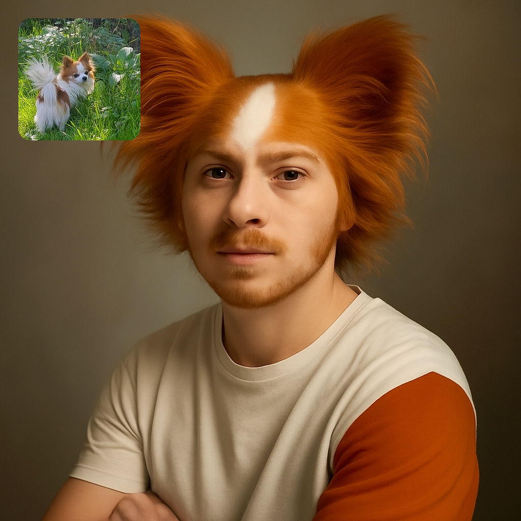 A fluffy small dog with a bushy tail turns back to the camera, standing in a sunlit patch of lush green grass surrounded by leafy plants, looking both curious and regal like the tiny king of the backyard jungle.