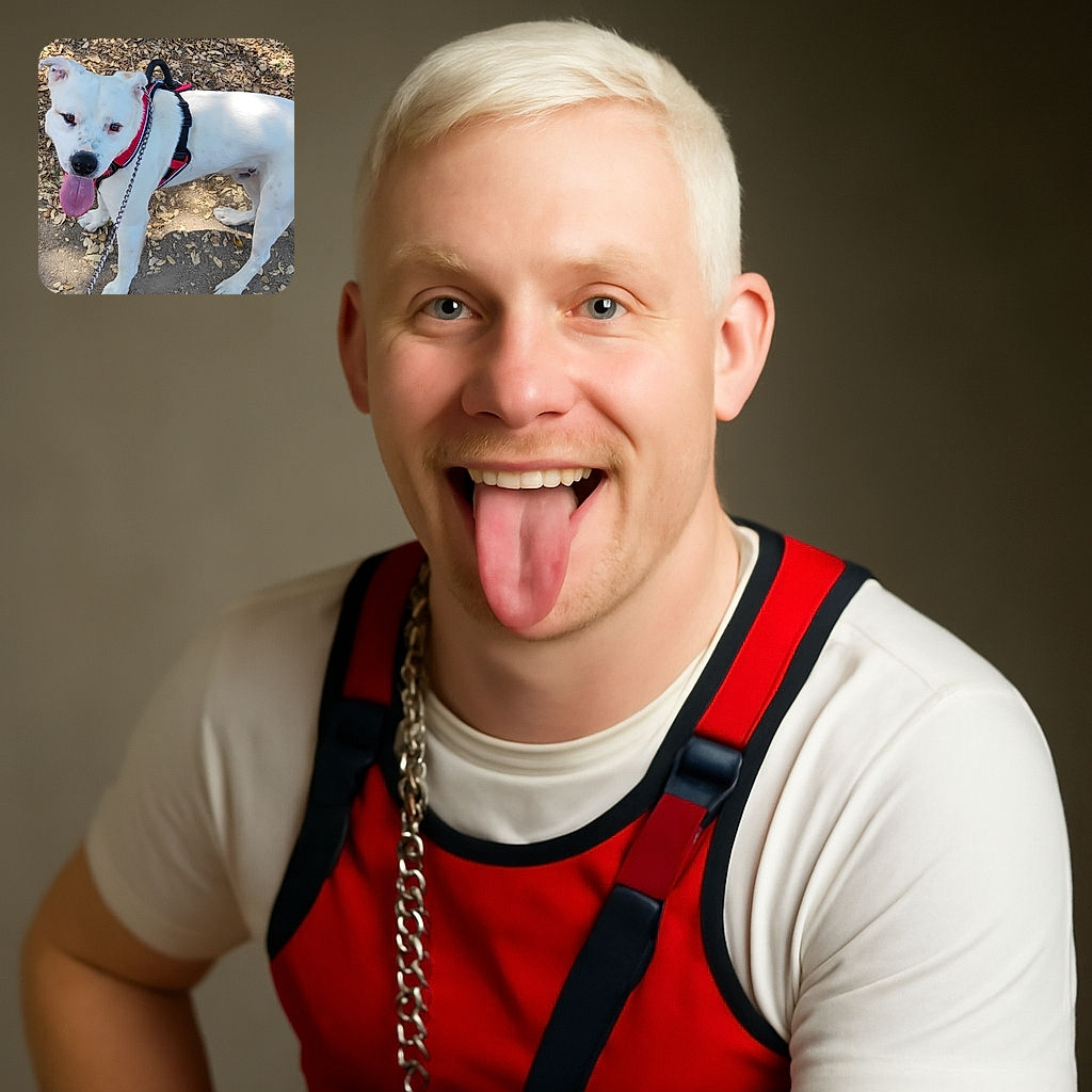 A cheerful white dog with a few brown spots is standing on a leafy ground, tongue out and looking up with bright eyes, wearing a red and black harness and a chain leash, ready for a walk or some fun outdoors.