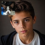 A tiny Boston terrier stares into the camera with enormous satellite-dish ears and the serious expression of a dog who has just been asked to explain the missing snacks. Cozy blankets and dark clothing turn the close-up into a very fashionable canine mugshot.