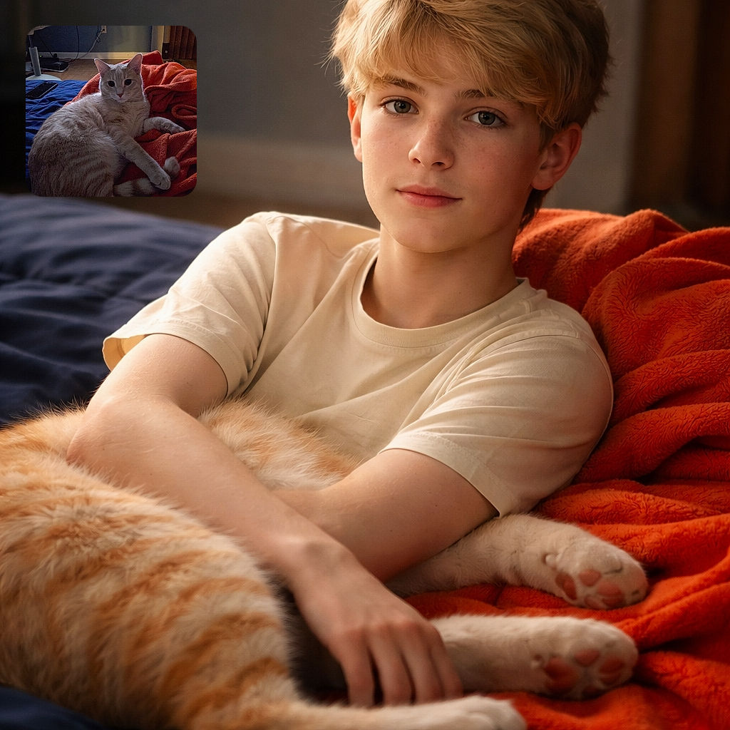 A plush tabby has claimed the orange blanket as its throne and stares at the camera with regal indifference — paws elegantly crossed, tail curled, and attitude set to ‘do not disturb.’ Background shows a cozy bedroom with a plant, curtains, and a phone nearby as if someone’s been ignored mid-scroll.
