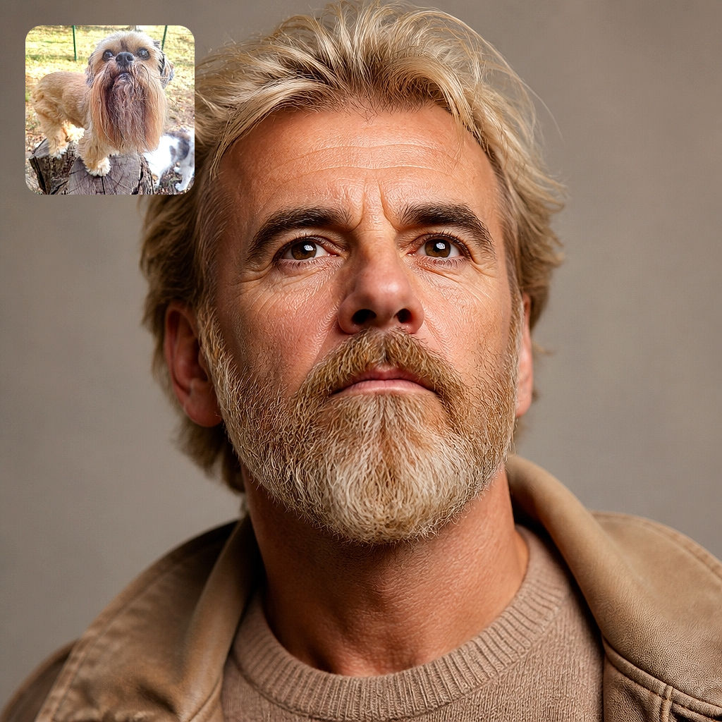 A wonderfully scruffy little dog balances on a tree stump, staring into the camera like a tiny woodland wizard who has just discovered the secret of excellent portraits. Another blurry canine cameo appears in the background.