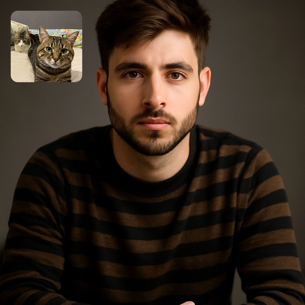 Two cats lounging on a bed with a floral pillow in the background; the closest cat is looking directly at the camera with intense green eyes while the other cat reclines behind, giving a relaxed and cozy vibe.