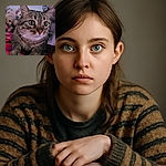 A close-up photo of a wide-eyed tabby cat with strikingly large pupils, resting its paws on a colorful surface. The background is softly blurred with plush toys, adding a cozy and playful atmosphere.